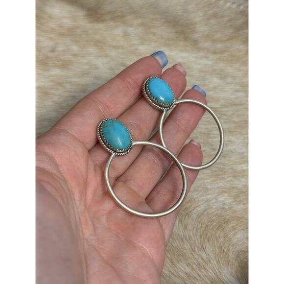 Huge Native American Sterling Silver Blue Kingman Turquoise Hoop Post Earrings - Picture 13 of 16